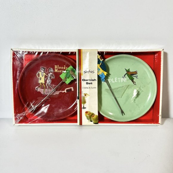 SHONFELD'S GARNISH SET Cosmopolitan & Martini 2 Dishes & 2 Picks New - Picture 1 of 4
